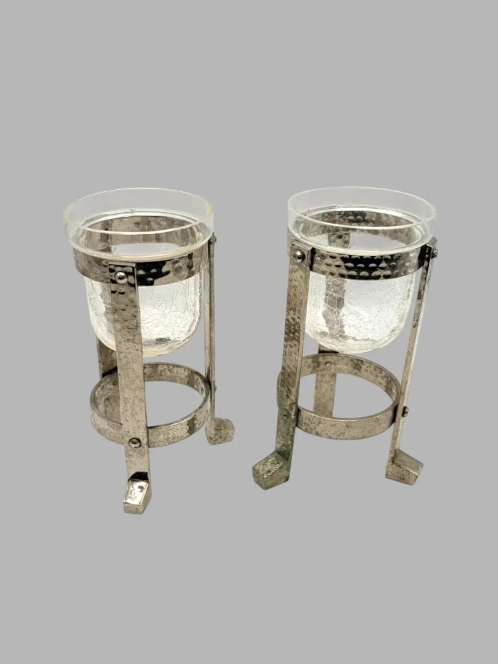 Vintage Pair Crackle Glass Votive Candle Holders Silver Metal Tripods India 6 In